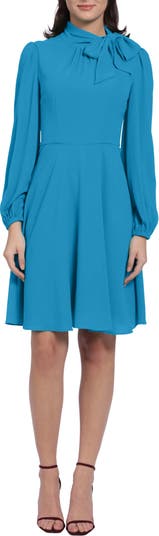 Maggy London Catalina Tie Neck Long Sleeve Fit & Flare Crepe Dress ...