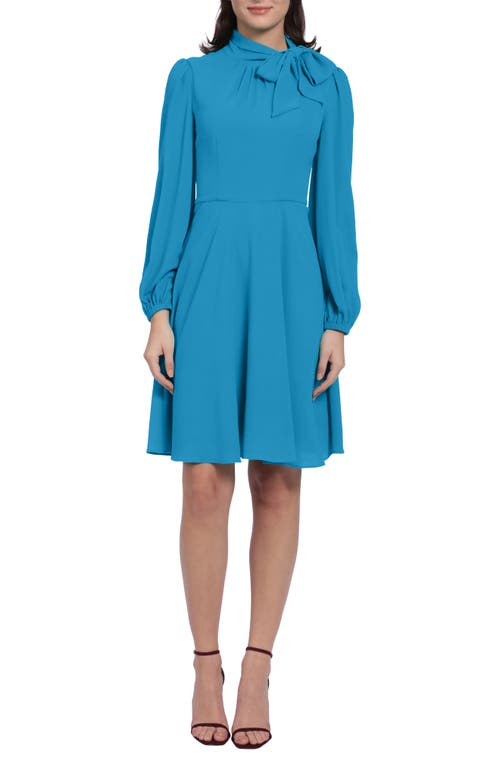 Maggy London Catalina Tie Neck Long Sleeve Fit & Flare Crepe Dress Brilliant Blue at Nordstrom,