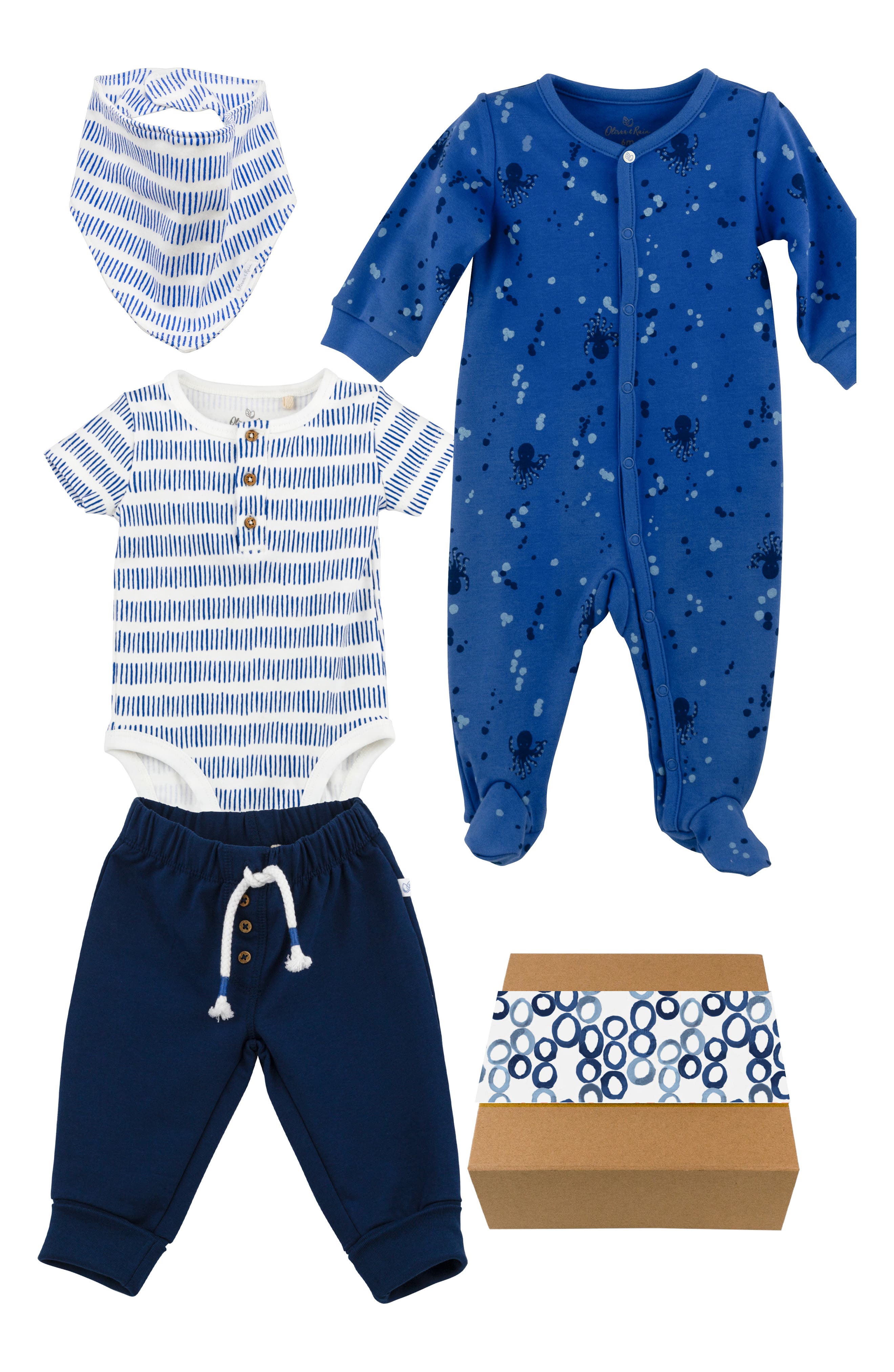 Oliver & Rain Organic Cotton Bandana Bib, Bodysuit, Sweatpants & Footie Gift Set (Baby) Nordstrom