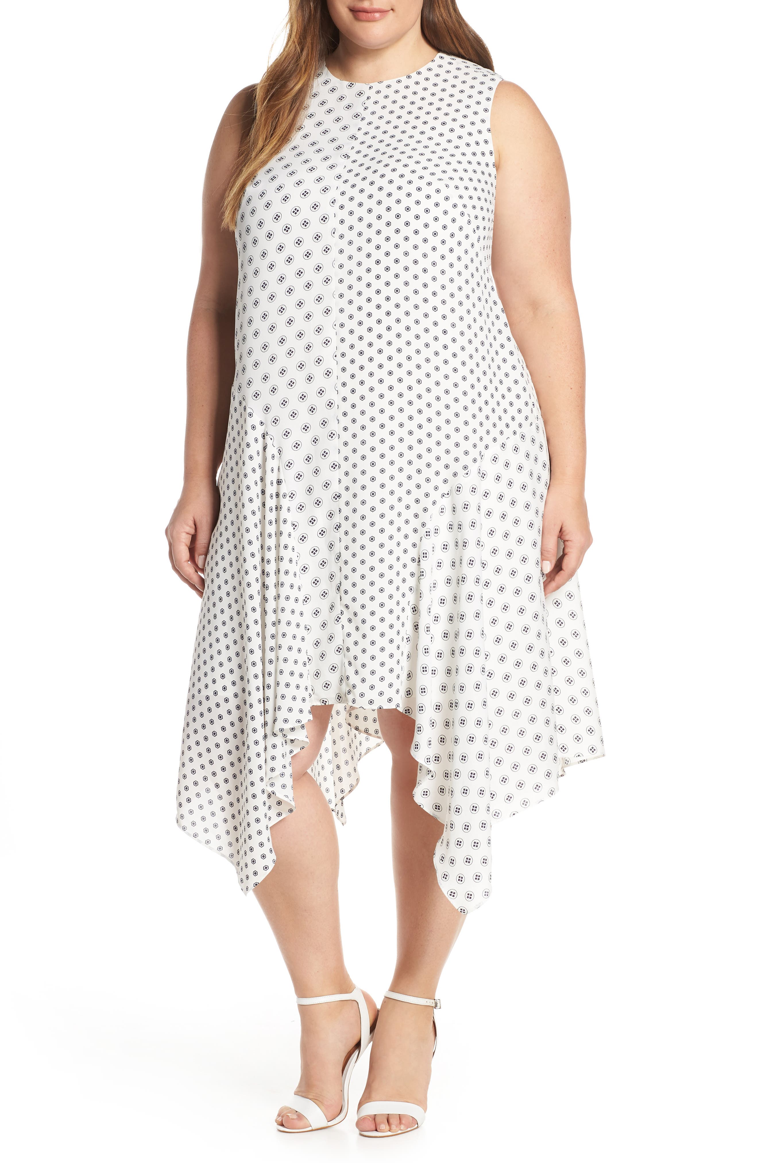 Plus Size Vince Camuto Geo Print Handkerchief Hem Shift Dress, Ivory