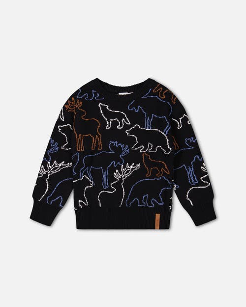 Deux Par Deux Kids' Boy's Sweater With Intarsia Animal Forest Black In Anthracite