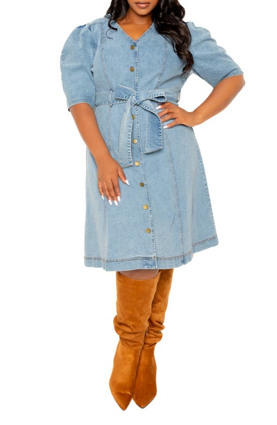 Shop Buxom Couture Puff Sleeve Tie Belt Denim Shirtdress In Denim Blue