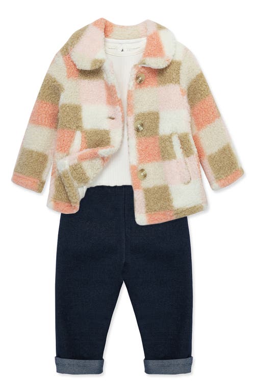 Shop Little Me Check High Pile Fleece Jacket, Long Sleeve Top & Jeans Set In Blue