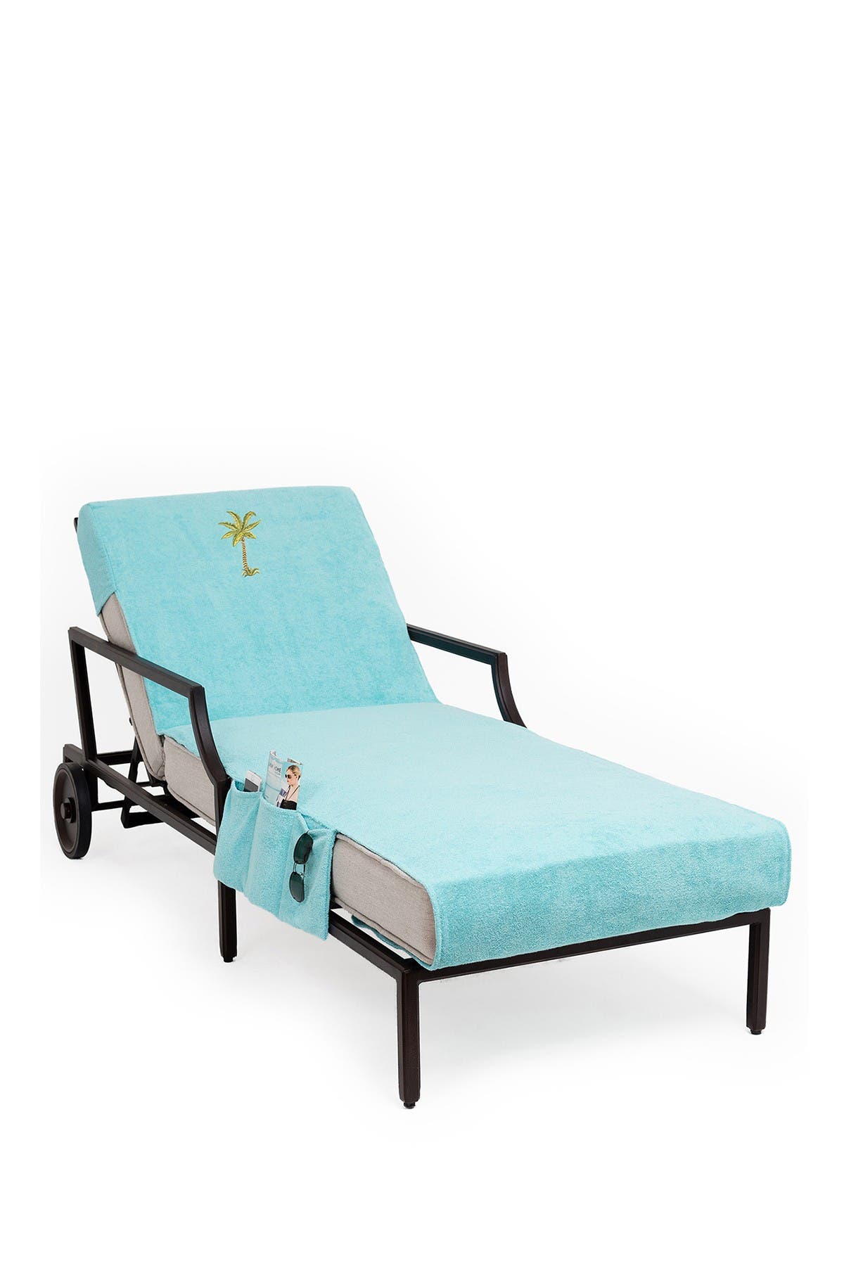 Linum Home 100% Turkish Cotton Palm Tree Embroidered Standard Size Chaise Lounge Cover With Side Pockets In Turquoise/aqua
