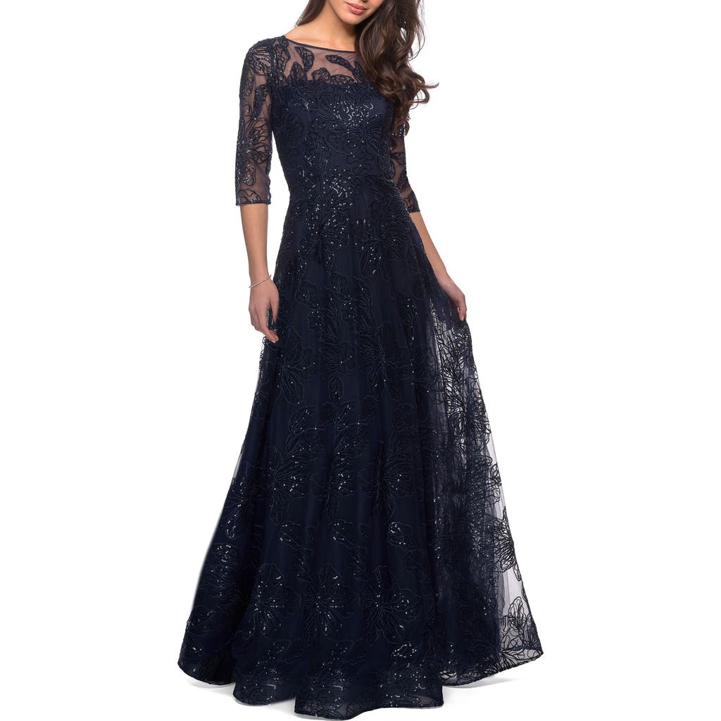 La Femme A-line Lace Sequin Gown With Sheer Scoop Neckline In Navy