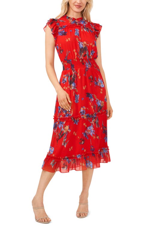 CeCe Floral Smocked Ruffle Midi Dress in Fiery Red