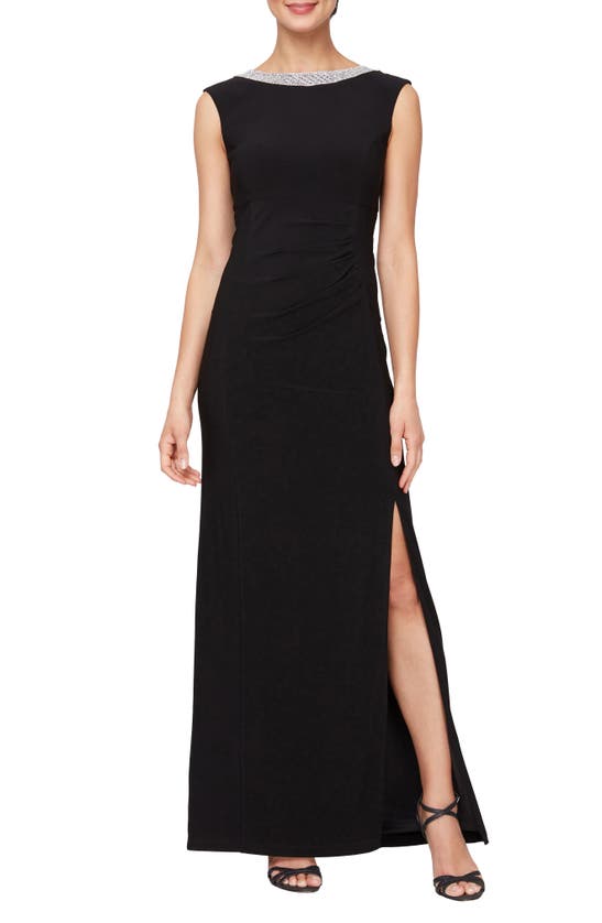 Alex Evenings Embellished Neck Sleeveless Jersey Gown In Black