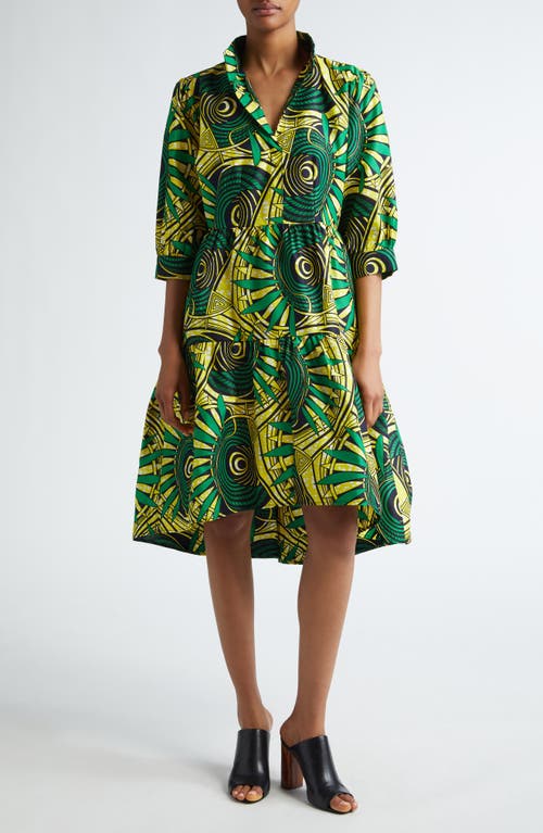 Tiered High-Low Cotton Shirtdress in Green Golden