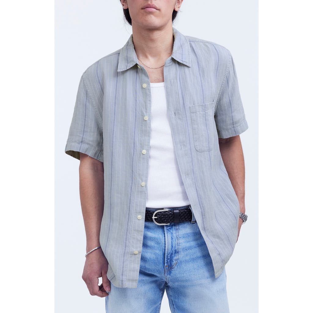 Madewell Easy Stripe Short Sleeve Linen Button-up Shirt In Dusty Pool
