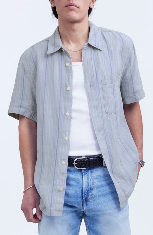 Easy Stripe Short Sleeve Linen Button-Up Shirt in Dusty Pool