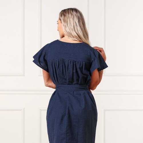 Hope & Henry Bell Sleeve Linen Keyhole Dress In Navy Linen