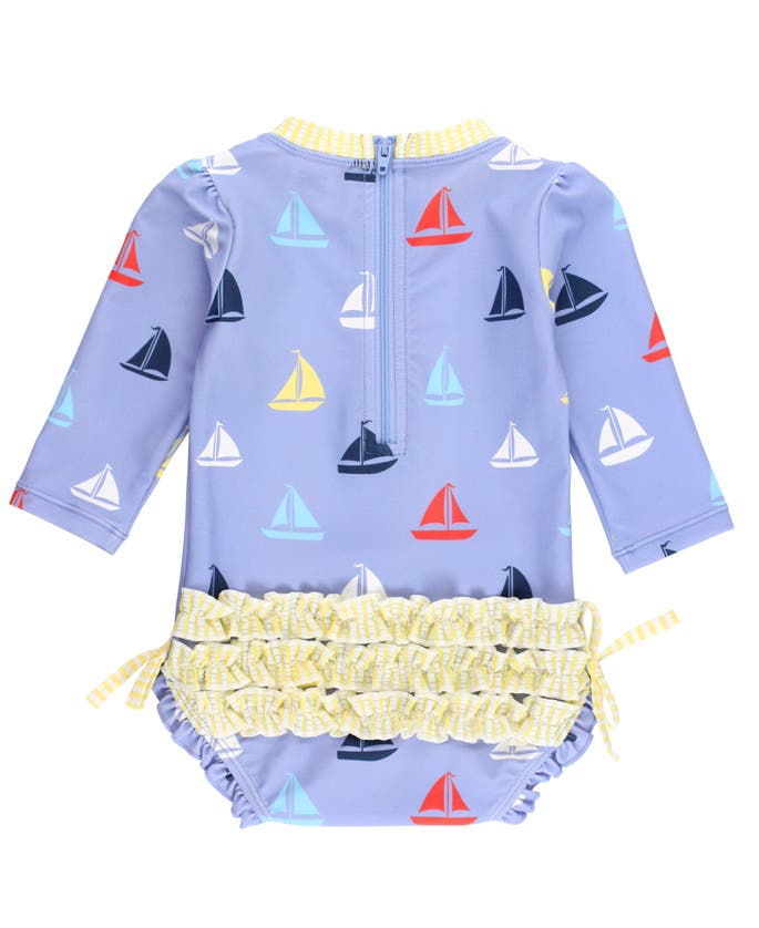 Rufflebutts Baby Girls Long Sleeve Upf50+ One Piece Rash Guard In Flamingo Frenzy