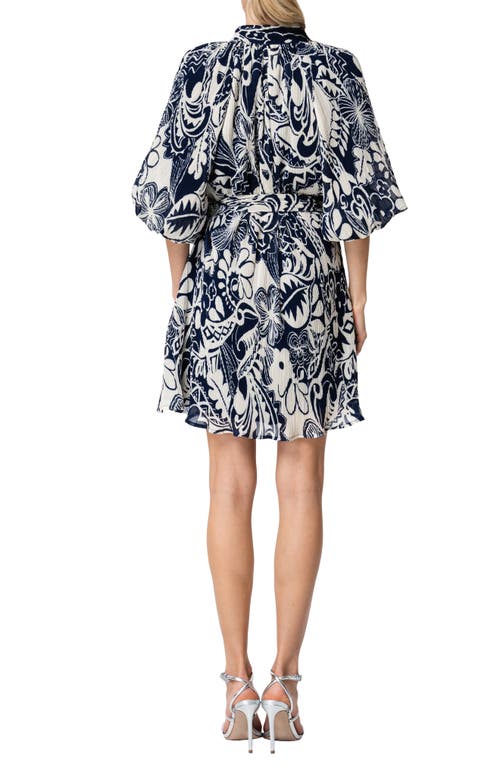 Shop Ciebon Anison Balloon Sleeve Plissé Chiffon Shirtdress In Navy Multi