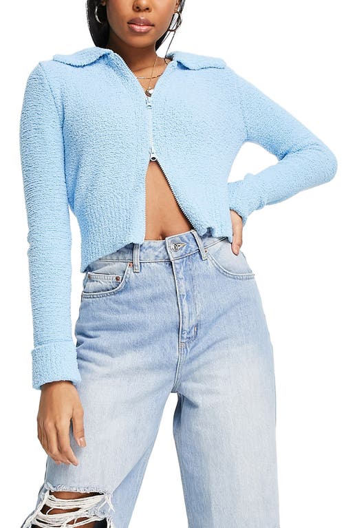 ASOS DESIGN Textured Knit Zip Up Crop Cardigan in Medium Blue
