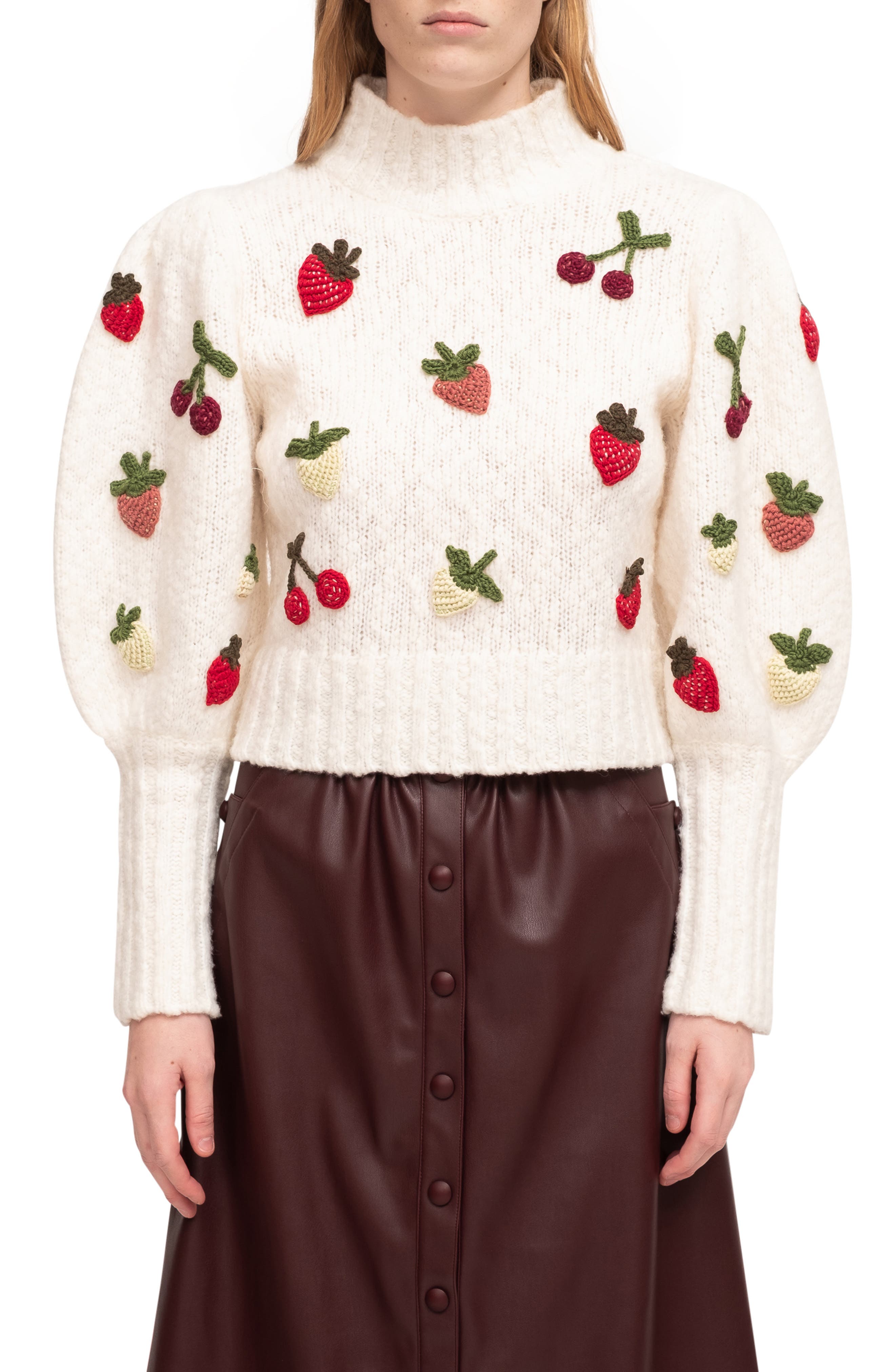 Sea Reese Fruit Applique Wool Blend Crochet Sweater in Cream at Nordstrom