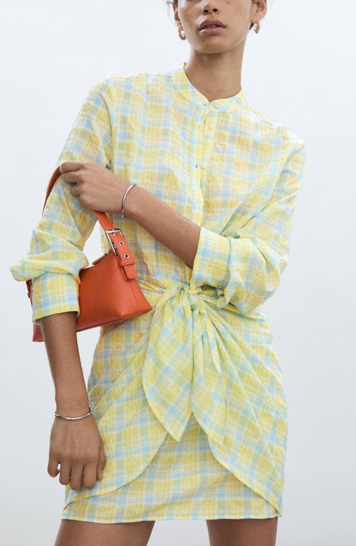 Shop Mango Check Tie Front Long Sleeve Shirtdress In Pastel Yellow