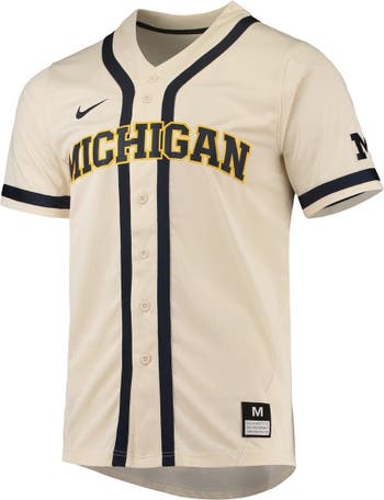 Men's Nike White/Navy Michigan Wolverines Pinstripe Replica Full-Button Baseball  Jersey