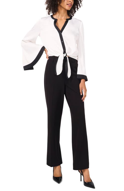 Shop Vince Camuto Contrast Detail Tie Front Button-up Satin Shirt In New Ivory