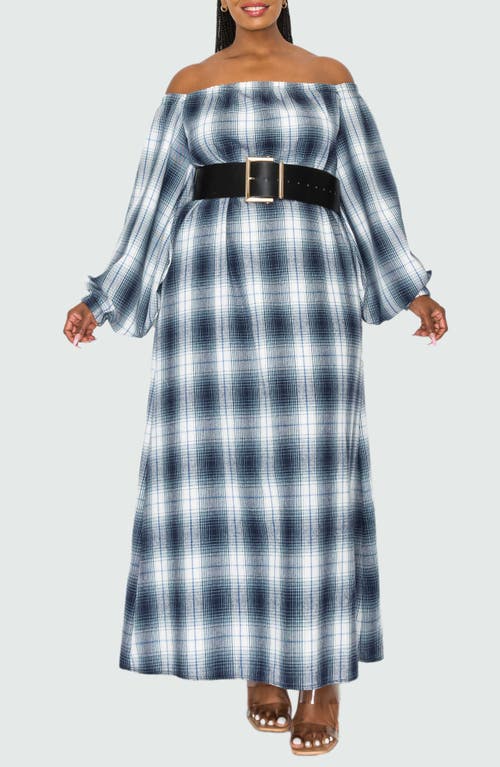 L I V D Zoe Plaid Long Sleeve Off The Shoulder Maxi Dress In Navy