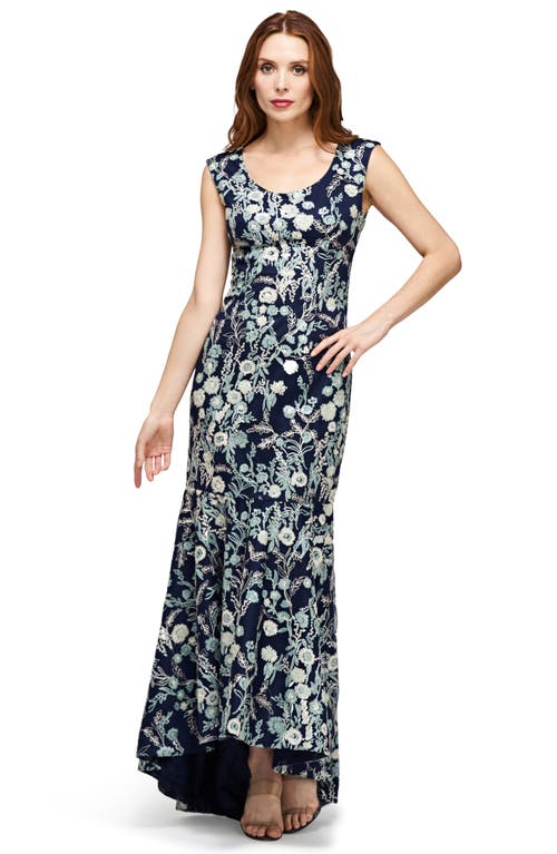 Shop Js Collections Rosaline Floral Embroidered High-low Gown In Navy/sage