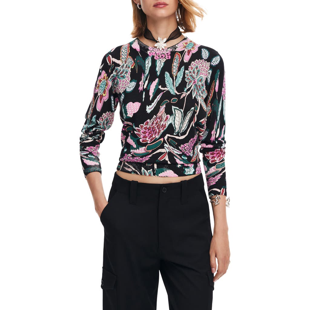 Desigual Manchester Floral Print Crewneck Sweater In Black