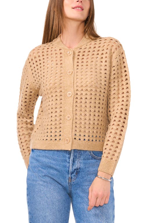 Shop Vince Camuto Pointelle Crewneck Cardigan In Latte Heather