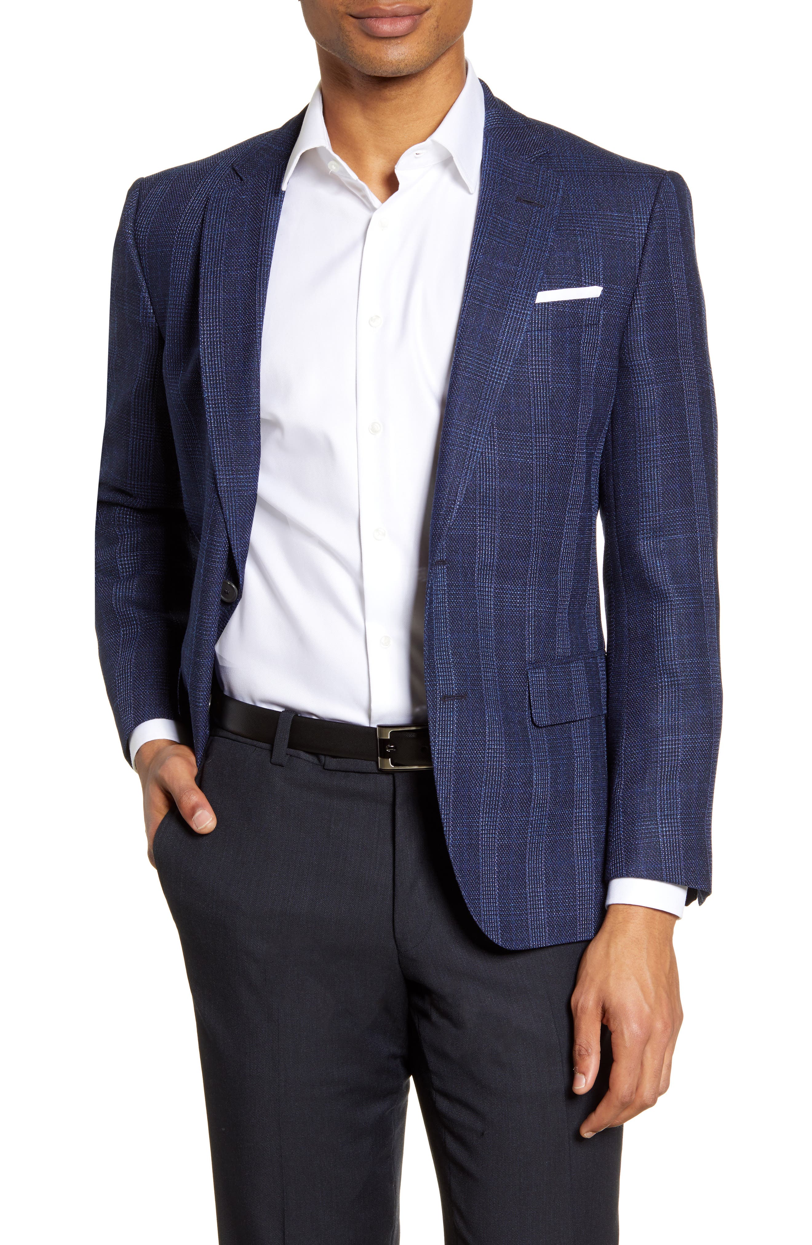 blue sport coat with black pants