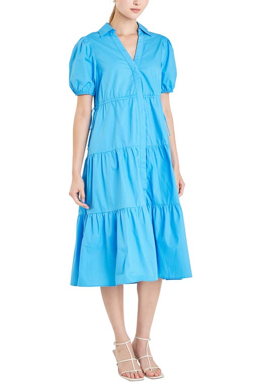 Shop English Factory Tiered Puff Sleeve Poplin Midi Dress In Ocean Blue