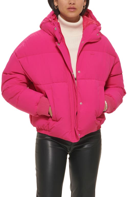 levi's Cinch Waist Hooded Puffer Jacket in Pink Peacock | Smart Closet