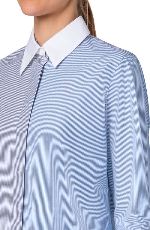 Shop Akris Punto Colorblock Microstripe Cotton Batiste Button-up Shirt In Ink-sapphire-cream