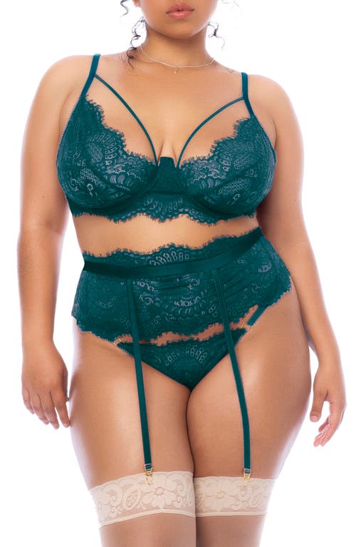 Mapalé Mapale Eyelash Lace Underwire Bra, Thong & Garter Belt Set In Sea Green