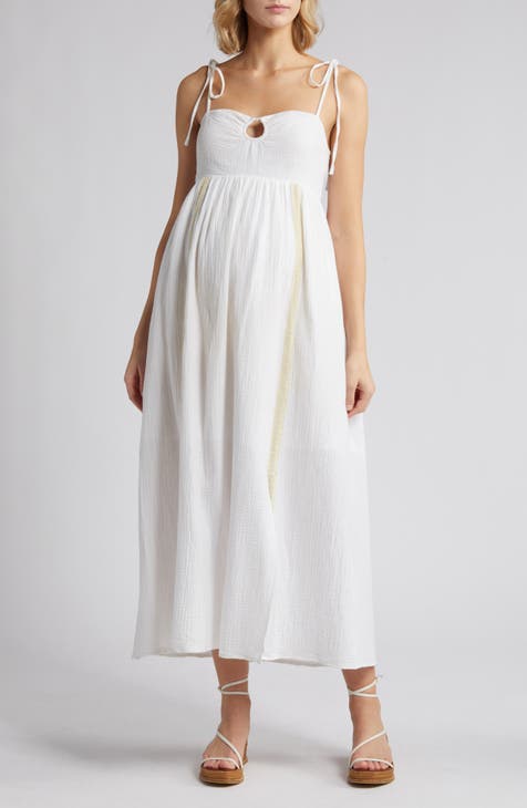 Maternity White Cotton Tiered Maxi Dress