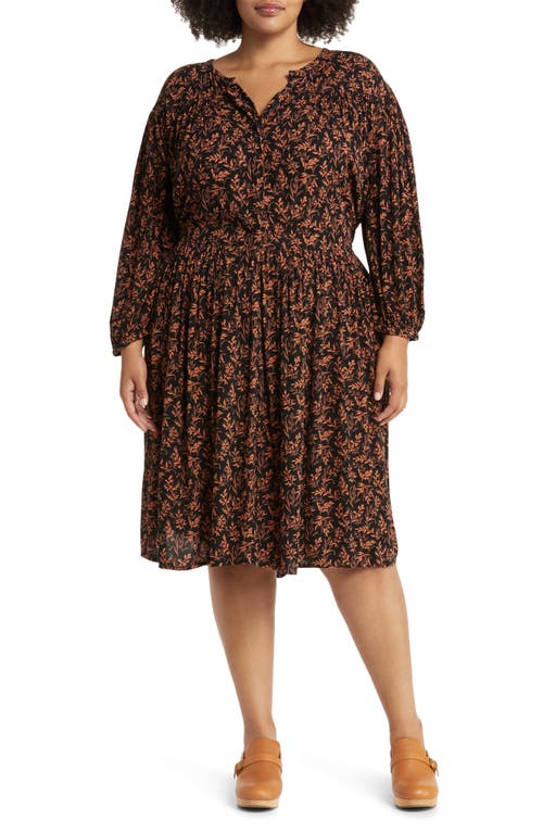 caslon(r) Leaf Print Long Sleeve Dress in Black- Rust Leaf Willow Floral