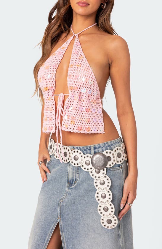 Shop Edikted Backless Paillette Crochet Halter Top In Pink