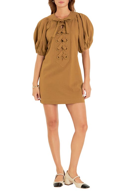 English Factory Lace-up Front Puff Sleeve Linen Blend Minidress In Olive