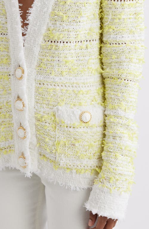 Shop Balmain Pointelle Bouclé Cardigan In Gtz White/yellow