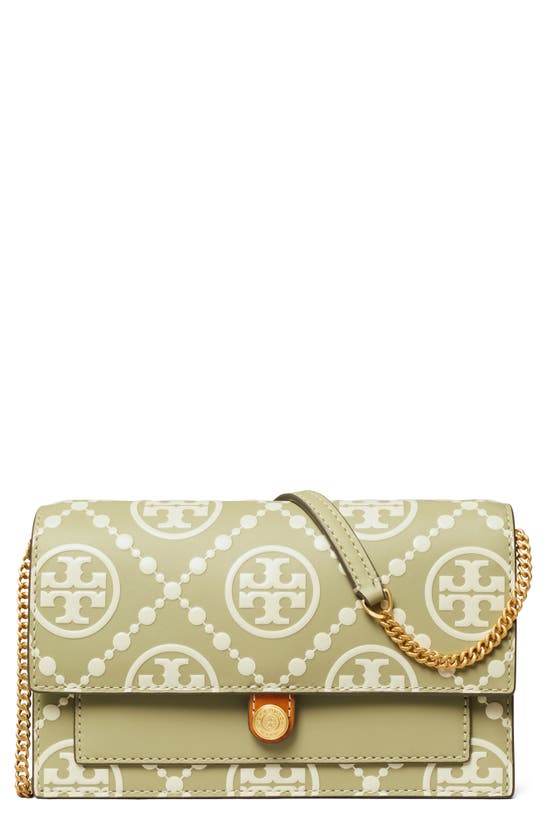 Shop Tory Burch T-monogram Embossed Leather Wallet On A Chain In Olive Sprig