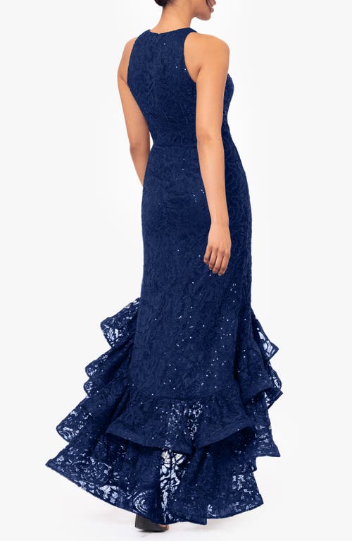 Shop Betsy & Adam Sequin Lace Ruffle Dress In Navy