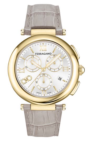 Ferragamo Croc-embossed Leather Strap Chronograph Watch, 40mm In Ivory/gold