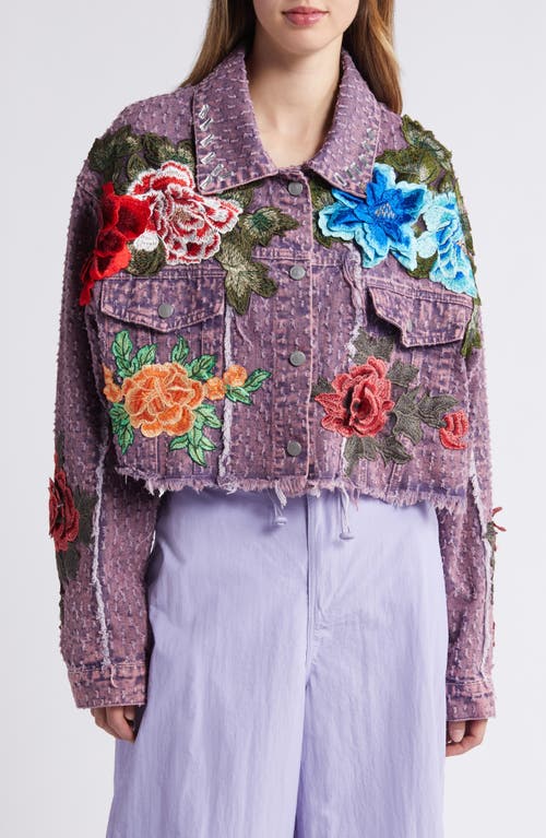 NIKKI LUND Bloom Floral Appliqué Texture Denim Jacket in Purple 