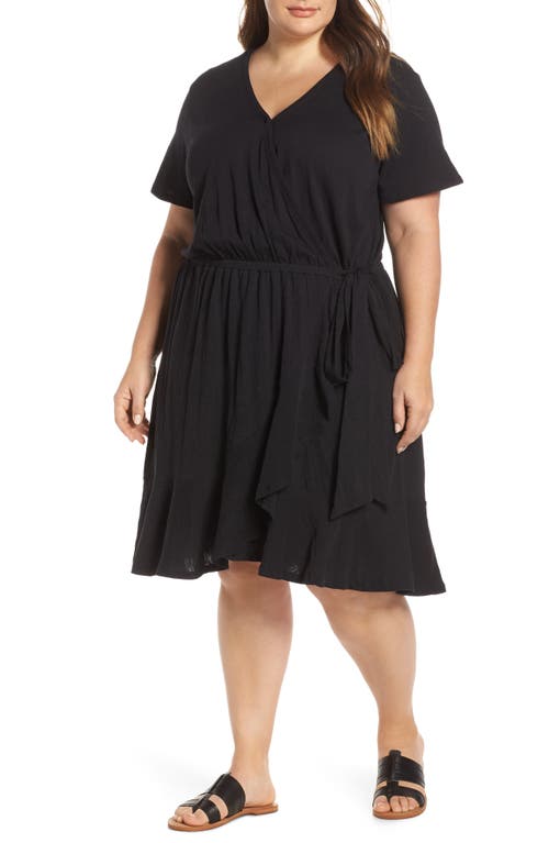 caslon(r) Asymmetrical Hem Faux Wrap Dress in Black