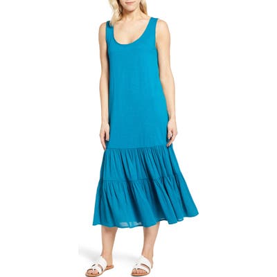 Petite Caslon Mixed Media Drop Waist Maxi Dress, Blue/green