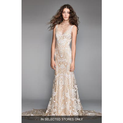 Willowby Corella Embroidered Lace & Charmeuse Mermaid Gown, Size IN STORE ONLY - Beige