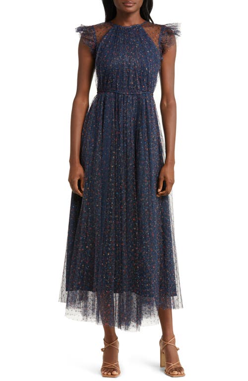 Floral Ruffle Mesh Overlay Maxi Dress in Navy Multi
