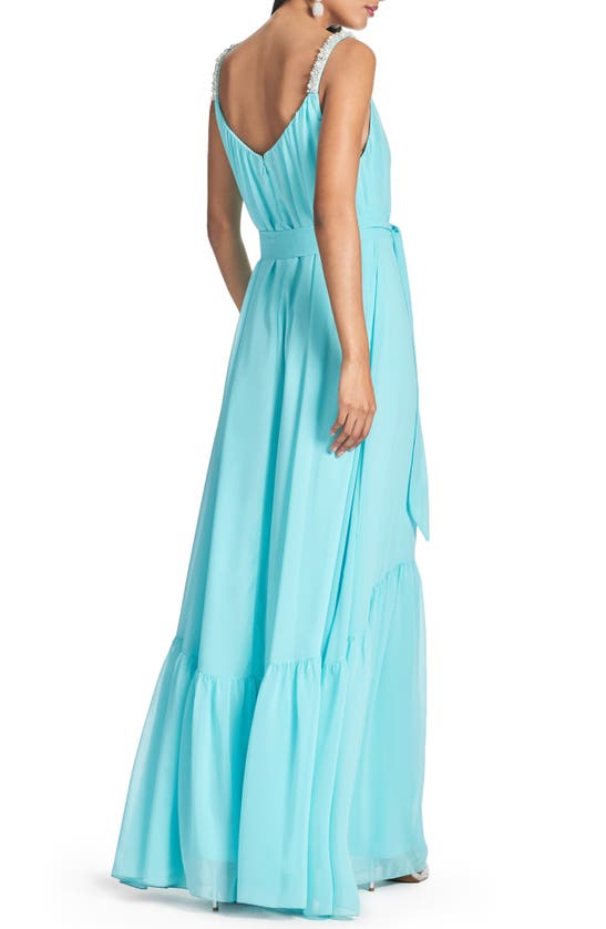 Shop Sachin & Babi Kami Imitation Pearl & Crystal Detail Chiffon Gown In Swiss Blue