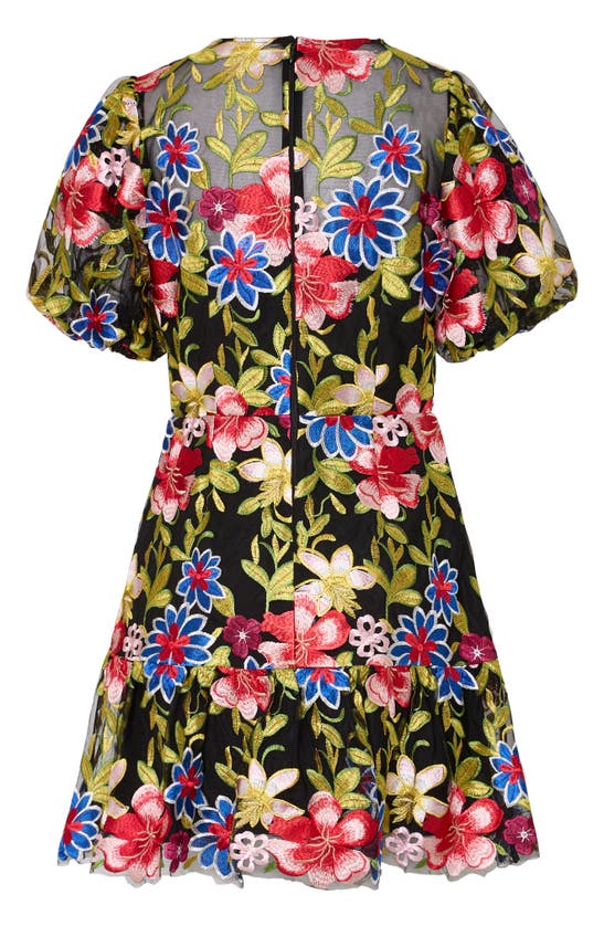 Shop Milly Yasmin Floral Embroidered Puff Sleeve Mesh Dress In Red Multi