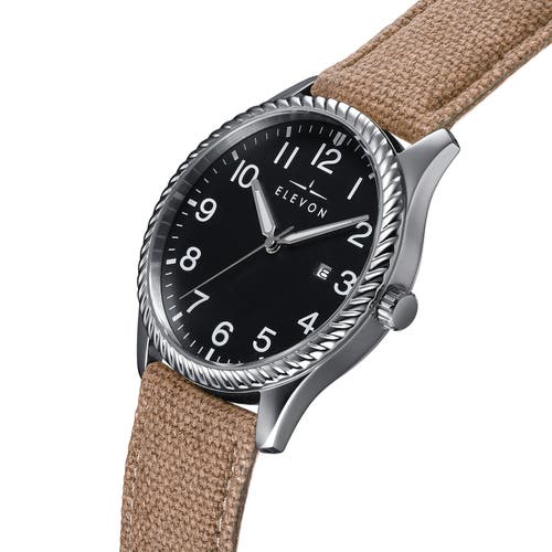 Shop Elevon Crosswind Canvas-overlaid Leather-band Watch W/ Date In Black/khaki