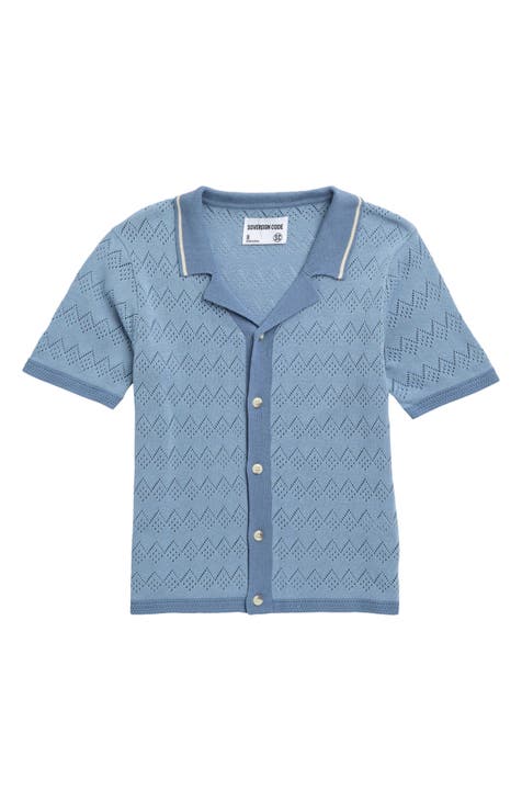 Slogan Pointillé Cotton Short Sleeve Button-Down Sweater