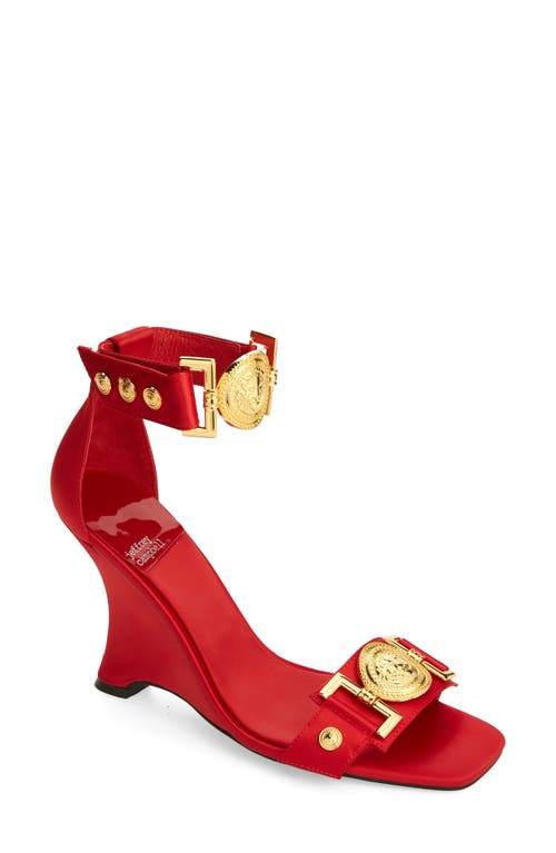 Shop Jeffrey Campbell Leonite Wedge Sandal In Red Satin Gold