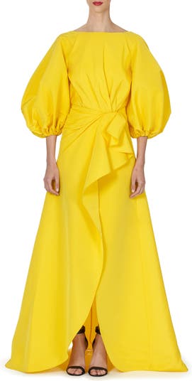 Shirred Puff Sleeve Silk Sarong Gown